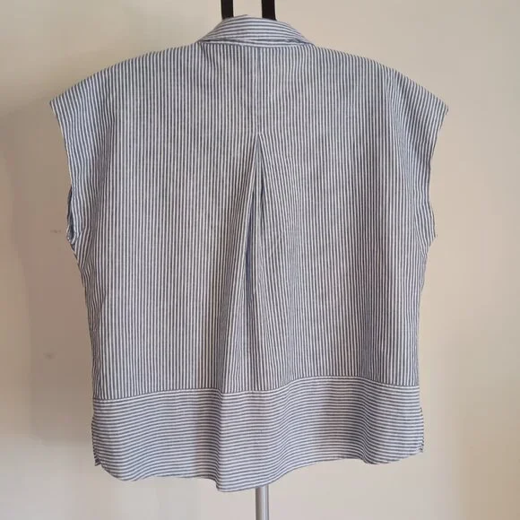 DKNY Comfy Blue White Stripe Linen Blend Sleeveless V-Neck Collared Shirt Wmn L - Picture 7 of 14